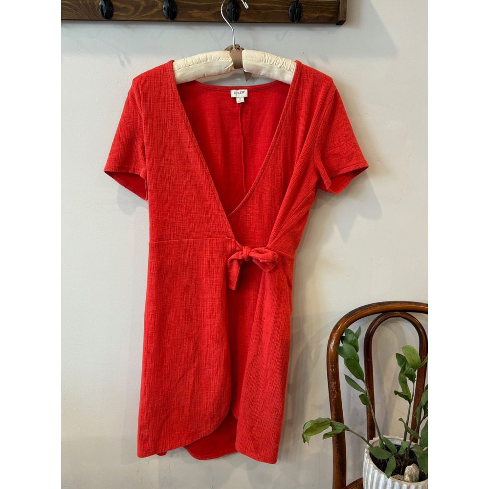 J.Crew Womens Red Textured Cotton Blend Short Sleeve Wrap Mini Dress Small